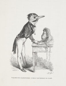 Drawing of figure with the body of a man and the head of a bird, wearing nineteenth-century clothes (frock-coat and trousers), holding a quill and standing over a desk with writing paper and a vase of foaming liquid.