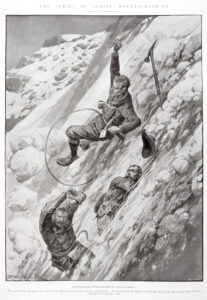 An early twentieth-century engraving of three male mountain-climbers losing their purchase in an avalanche and sliding down the mountainside.